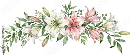 Set of Lily Flower Watercolor Ornament for Invitation Border