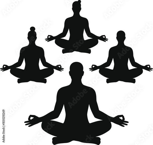 Four black silhouettes of people meditating in lotus pose