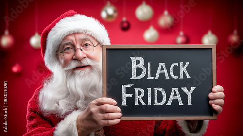 Santa Claus holding a black sign reading 