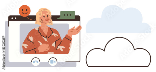 Woman speaking during an online video call, chat and cloud icons. Ideal for remote work, virtual meetings, online education, technology, cloud storage, communication collaborative tools. Simple flat