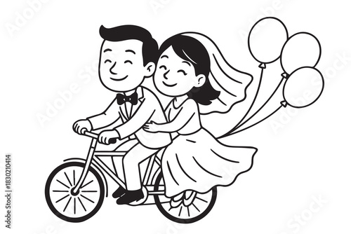 A sweet vector scene showing a newlywed couple dressed in a suit and elegant gown riding a bicycle, while cheerful balloons float behind them, capturing romance, joy, and fresh married bliss.