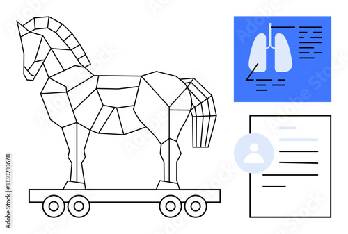 Abstract geometric Trojan horse on wheels, medical lungs diagram, and user profile document. Ideal for cybersecurity, healthcare, deception, innovation, science strategy research. A simple flat