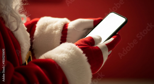 Santa Claus Using Smartphone with Blank White Screen