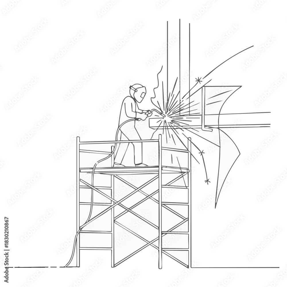 Obraz premium An illustration depicts a worker welding a metal structure while standing on scaffolding, creating sparks and showcasing construction.