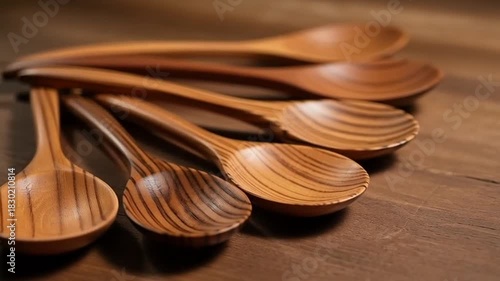 Wooden Spoons: Handcrafted Utensils on Dark Wood Table, Artisanal Kitchenware