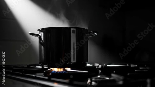 Steaming Pot on Gas Stove: Culinary Preparation in Dramatic Lighting