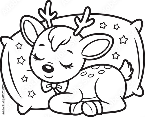 Adorable fawn contour sleeps peacefully on a star patterned pillow in black and white