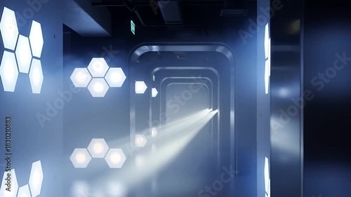 Futuristic Tunnel with Neon Arches and Dynamic Lighting Effects