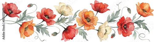 Poppy Flower Border watercolor for Invitation