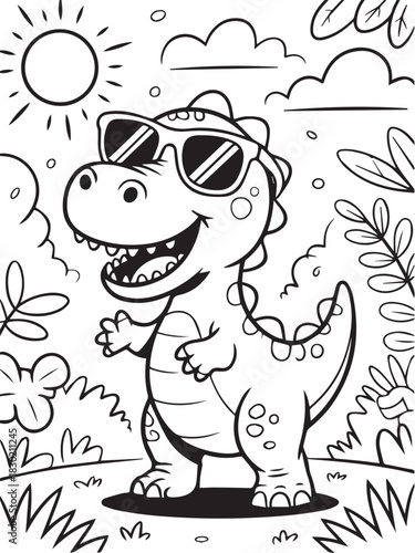 Dinosaur wears sunglasses and smiles amidst foliage in a black and white coloring page