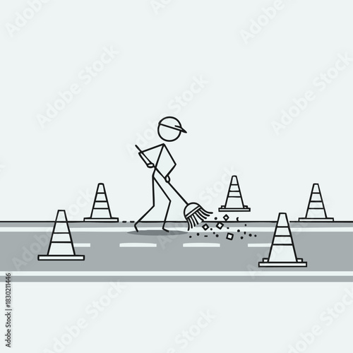 A stick figure diligently sweeps debris from a road, surrounded by traffic cones, illustrating road maintenance and cleanliness.