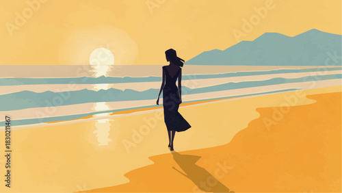 Elegant lady walking by the seaside at sunrise or sunset, with the shimmering waves and calm sea breeze lifting her long hair, in minimalist vector illustration style stock illustration