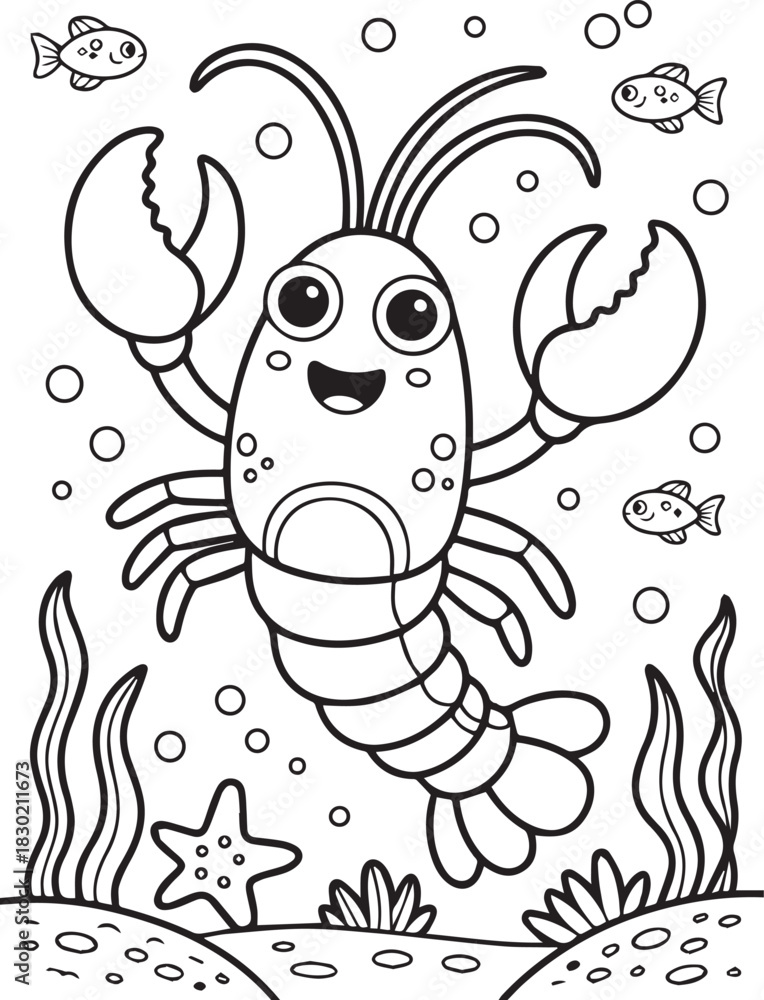 Obraz premium Smiling cartoon lobster happily lives among fishes, seaweeds, starfish, and bubbles underwater