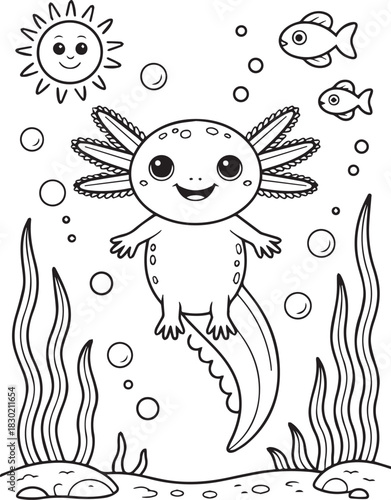 Smiling axolotl swims with fish and seaweed under a beaming sun, line art