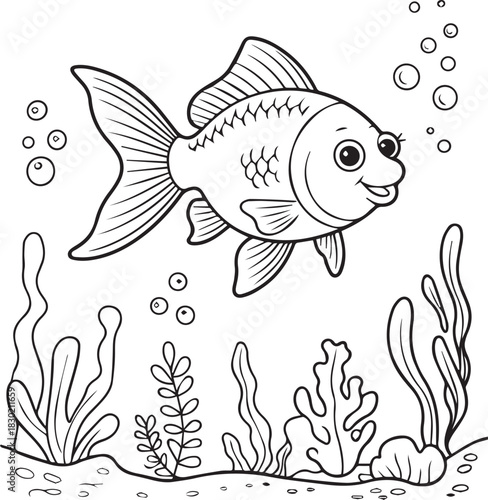 Smiling cartoon goldfish is swimming above aquatic plants with transparent background bubbles drawn