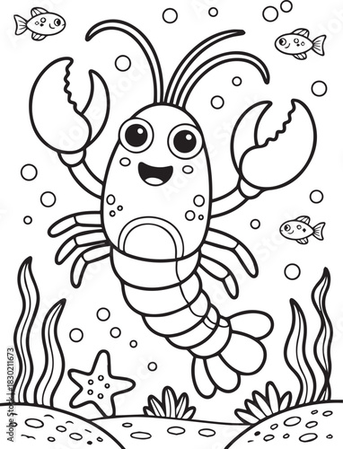 Smiling cartoon lobster happily lives among fishes, seaweeds, starfish, and bubbles underwater
