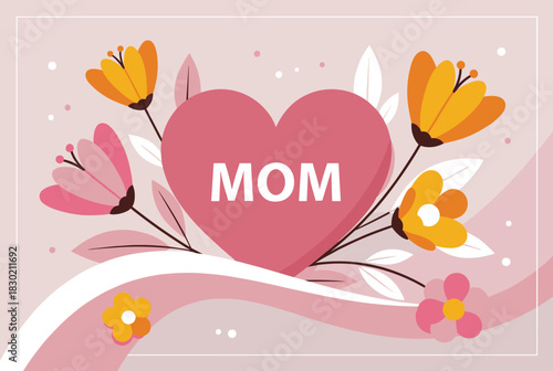 Pink heart with colorful flowers Mother's Day card design 

