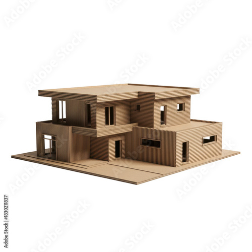 Architectural model of a modern two-story house crafted from corrugated cardboard.