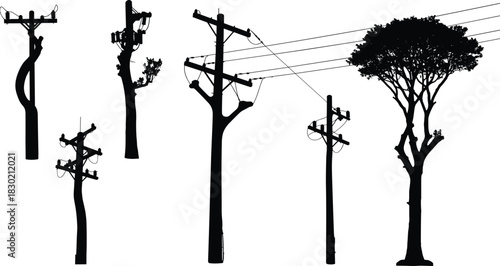 Electric poles transforming into trees, creative silhouette artwork showing connection of nature and technology, eco power lines, environmental energy design concept