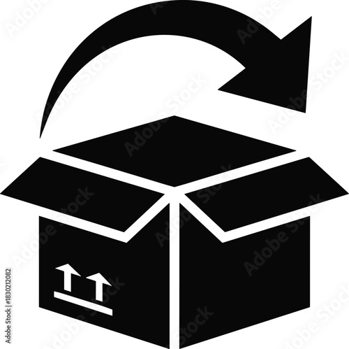 Open cardboard box with an arrow indicating a return or refresh symbol, isolated isolated on white background