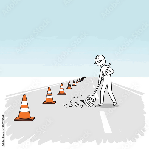 A stick figure construction worker sweeps debris from a road lined with safety cones, illustrating road maintenance and safety.