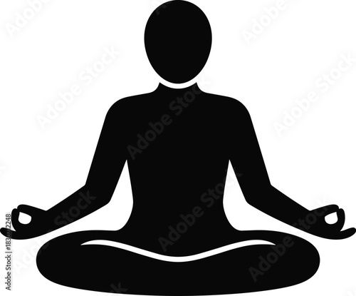 Silhouette of a person meditating in a lotus position, calm and centered. isolated on white background
