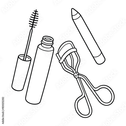 Makeup beauty products outline set: mascara, eyeliner, eyelash curler line art coloring page