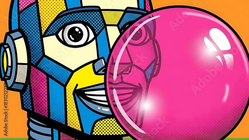 Vibrant Pop Art Robot Head Blowing Shiny Pink Bubblegum Bubble