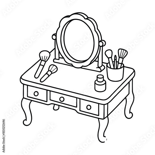 Dressing table with mirror and makeup brushes, minimalist line art design coloring page