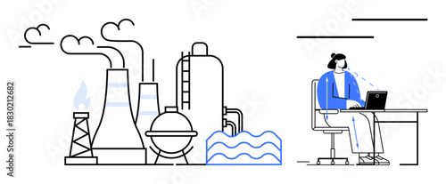 Industrial automation illustrated through a factory and remote worker. Industrial systems often require remote monitoring for efficiency. Industrial processes benefit from modern technology. include