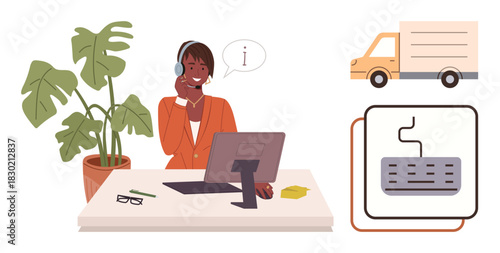 Professional at desk with headset near computer, keyboard, and plant. Delivery truck and keyboard diagram symbolize logistics, technology, and communication. Ideal for support, shipping, tech