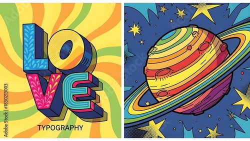 Vibrant Pop Art Illustration of Love Typography and Rainbow Planet