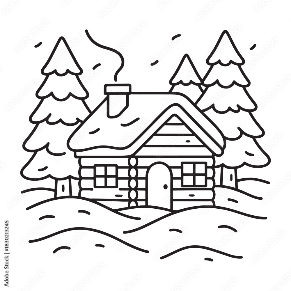 Fototapeta premium Cozy log cabin in a snowy forest with pine trees and smoke from chimney coloring page