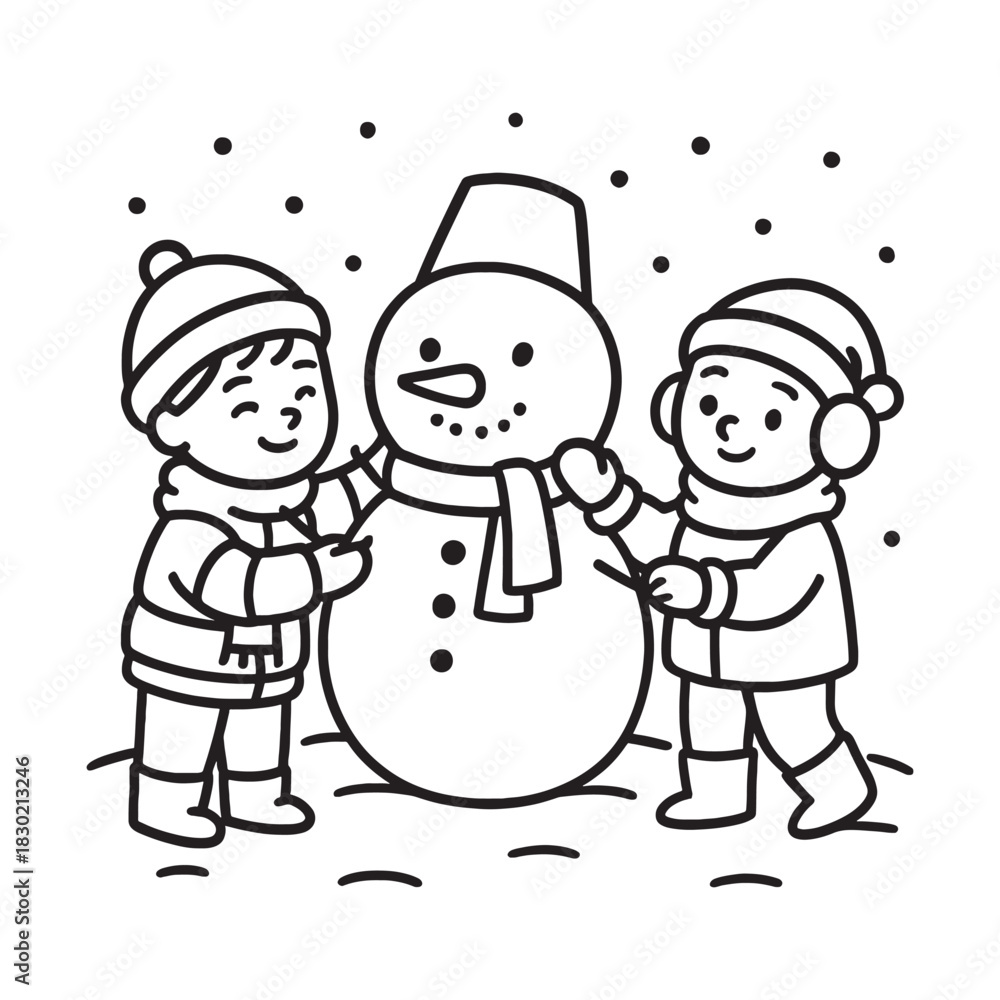 Fototapeta premium Children building a snowman, joyful winter activity with falling snow coloring page