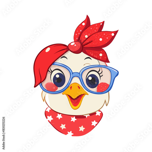 Cute chicken head with red glasses and a bandana headband for females and children t-shirt design vector illustration. Crazy chicken lady in funny farm. Cute hen face wearing ... See More