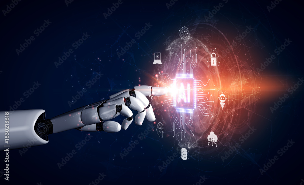 Obraz premium AI drives global digital transformation by connecting cloud, robotics, machine learning, and data systems to enhance innovation and secure smart networks worldwide. Vouch