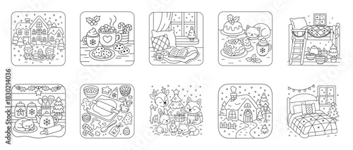 Cozy Winter holiday doodle set for coloring book. christmas cozy scenes line art design.