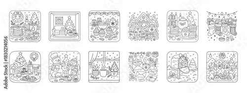 Cozy christmas and winter holiday scenes collection for coloring book activities coloring page