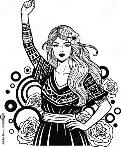 A powerful determined woman with a folkpatterned dress and arm tattoo raises her fist in a bold black and white line art style.