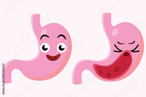Happy and unhealthy cartoon stomachs illustrating digestive health and gastric issues
