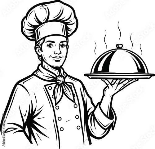 A smiling male chef in a classic uniform and toque hat presenting a steaming hot meal on a platter with a cloche.