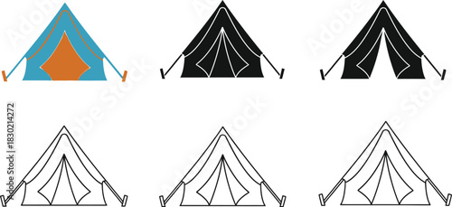 Colorful and monochrome tent icons displaying various styles and outlines