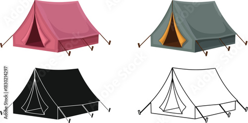 Four variations of a camping tent illustration in different colors and styles