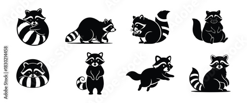 Collection of cute raccoon character icons in a simple graphic style