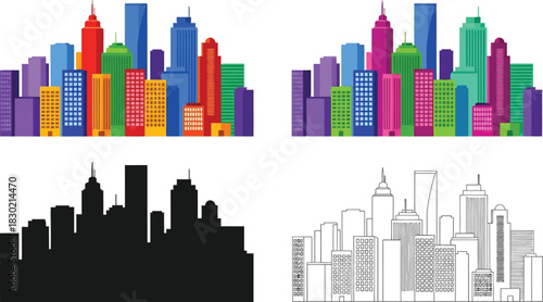 Colorful cityscape illustration with a black and white silhouette comparison