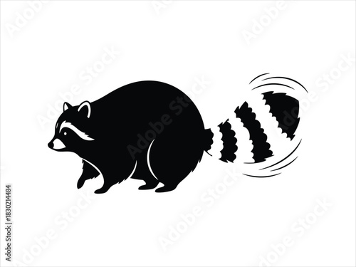 Dynamic black and white vector graphic of a nocturnal forest raccoon with bushy tail