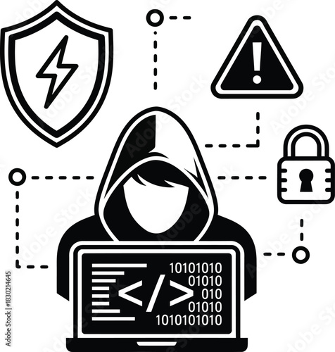 Anonymous hooded hacker icon with laptop binary code and cybersecurity symbols like a shield and lock.