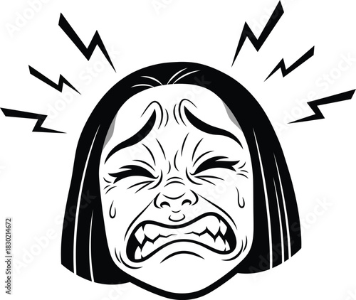 Black and white cartoon face of a woman in extreme agony with clenched teeth sweat drops and lightning bolts symbolizing intense pain.