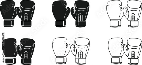 A collection of black and white boxing gloves in various orientations