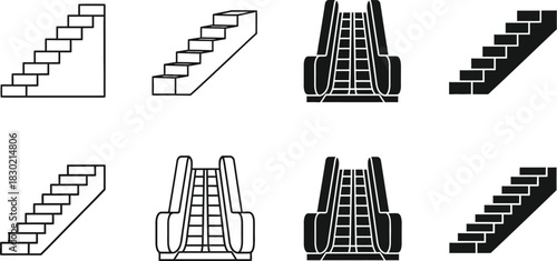 Black and white illustrations of various escalator and staircase designs